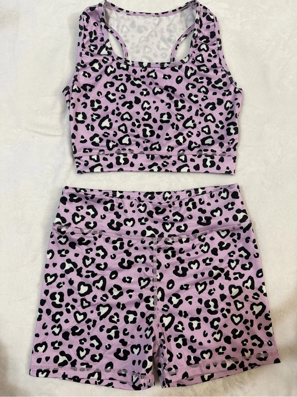 NWOT girls Lilac Leopard Print Sports Bra and Shorts athletic Set 12